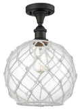 516-1C-OB-G122-10RW 1-Light 10" Oil Rubbed Bronze Semi-Flush Mount - Clear Large Farmhouse Glass with White Rope Glass - LED Bulb - Dimmensions: 10 x 10 x 15 - Sloped Ceiling Compatible: No