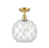 516-1C-SG-G122-10RW 1-Light 10" Satin Gold Semi-Flush Mount - Clear Large Farmhouse Glass with White Rope Glass - LED Bulb - Dimmensions: 10 x 10 x 15 - Sloped Ceiling Compatible: No
