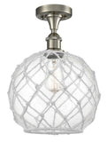516-1C-SN-G122-10RW 1-Light 10" Brushed Satin Nickel Semi-Flush Mount - Clear Large Farmhouse Glass with White Rope Glass - LED Bulb - Dimmensions: 10 x 10 x 15 - Sloped Ceiling Compatible: No