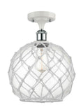 516-1C-WPC-G122-10RW 1-Light 10" White and Polished Chrome Semi-Flush Mount - Clear Large Farmhouse Glass with White Rope Glass - LED Bulb - Dimmensions: 10 x 10 x 15 - Sloped Ceiling Compatible: No