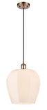 516-1P-AC-G461-12 Cord Hung 11.75" Antique Copper Mini Pendant - Matte White Norfolk Glass - LED Bulb - Dimmensions: 11.75 x 11.75 x 16.125<br>Minimum Height : 19.125<br>Maximum Height : 136.125 - Sloped Ceiling Compatible: Yes