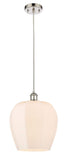 516-1P-PN-G461-12 Cord Hung 11.75" Polished Nickel Mini Pendant - Matte White Norfolk Glass - LED Bulb - Dimmensions: 11.75 x 11.75 x 16.125<br>Minimum Height : 19.125<br>Maximum Height : 136.125 - Sloped Ceiling Compatible: Yes
