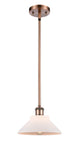 516-1S-AC-G131 Stem Hung 8.375" Antique Copper Mini Pendant - Matte White Orwell Glass - LED Bulb - Dimmensions: 8.375 x 8.375 x 8<br>Minimum Height : 15.75<br>Maximum Height : 39.75 - Sloped Ceiling Compatible: Yes