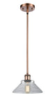 516-1S-AC-G132 Stem Hung 8.375" Antique Copper Mini Pendant - Clear Orwell Glass - LED Bulb - Dimmensions: 8.375 x 8.375 x 8<br>Minimum Height : 15.75<br>Maximum Height : 39.75 - Sloped Ceiling Compatible: Yes