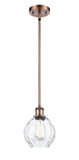 516-1S-AC-G362 Stem Hung 6" Antique Copper Mini Pendant - Clear Small Waverly Glass - LED Bulb - Dimmensions: 6 x 6 x 9<br>Minimum Height : 17.75<br>Maximum Height : 41.75 - Sloped Ceiling Compatible: Yes