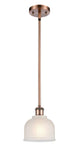 516-1S-AC-G411 Stem Hung 5.5" Antique Copper Mini Pendant - White Dayton Glass - LED Bulb - Dimmensions: 5.5 x 5.5 x 8.5<br>Minimum Height : 17.75<br>Maximum Height : 41.75 - Sloped Ceiling Compatible: Yes