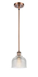 516-1S-AC-G412 Stem Hung 5.5" Antique Copper Mini Pendant - Clear Dayton Glass - LED Bulb - Dimmensions: 5.5 x 5.5 x 8.5<br>Minimum Height : 17.75<br>Maximum Height : 41.75 - Sloped Ceiling Compatible: Yes