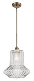 516-1S-BB-G212 Stem Hung 12" Brushed Brass Mini Pendant - Clear Spiral Fluted Springwater Glass - LED Bulb - Dimmensions: 12 x 12 x 14<br>Minimum Height : 23.75<br>Maximum Height : 47.75 - Sloped Ceiling Compatible: Yes