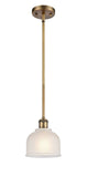 516-1S-BB-G411 Stem Hung 5.5" Brushed Brass Mini Pendant - White Dayton Glass - LED Bulb - Dimmensions: 5.5 x 5.5 x 8.5<br>Minimum Height : 17.75<br>Maximum Height : 41.75 - Sloped Ceiling Compatible: Yes