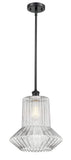 516-1S-BK-G212 Stem Hung 12" Matte Black Mini Pendant - Clear Spiral Fluted Springwater Glass - LED Bulb - Dimmensions: 12 x 12 x 14<br>Minimum Height : 23.75<br>Maximum Height : 47.75 - Sloped Ceiling Compatible: Yes