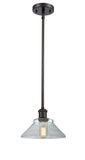 516-1S-OB-G132 Stem Hung 8.375" Oil Rubbed Bronze Mini Pendant - Clear Orwell Glass - LED Bulb - Dimmensions: 8.375 x 8.375 x 8<br>Minimum Height : 15.75<br>Maximum Height : 39.75 - Sloped Ceiling Compatible: Yes