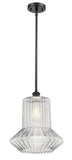516-1S-OB-G212 Stem Hung 12" Oil Rubbed Bronze Mini Pendant - Clear Spiral Fluted Springwater Glass - LED Bulb - Dimmensions: 12 x 12 x 14<br>Minimum Height : 23.75<br>Maximum Height : 47.75 - Sloped Ceiling Compatible: Yes