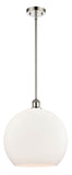 516-1S-PN-G121-14 1-Light 13.75" Polished Nickel Pendant - Cased Matte White Large Athens Glass - LED Bulb - Dimmensions: 13.75 x 13.75 x 16.375<br>Minimum Height : 25.375<br>Maximum Height : 49.375 - Sloped Ceiling Compatible: Yes