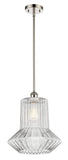 516-1S-PN-G212 Stem Hung 12" Polished Nickel Mini Pendant - Clear Spiral Fluted Springwater Glass - LED Bulb - Dimmensions: 12 x 12 x 14<br>Minimum Height : 23.75<br>Maximum Height : 47.75 - Sloped Ceiling Compatible: Yes