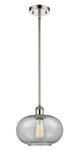 516-1S-PN-G247 Stem Hung 9.5" Polished Nickel Mini Pendant - Charcoal Gorham Glass - LED Bulb - Dimmensions: 9.5 x 9.5 x 11<br>Minimum Height : 18.75<br>Maximum Height : 42.75 - Sloped Ceiling Compatible: Yes