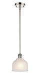 516-1S-PN-G411 Stem Hung 5.5" Polished Nickel Mini Pendant - White Dayton Glass - LED Bulb - Dimmensions: 5.5 x 5.5 x 8.5<br>Minimum Height : 17.75<br>Maximum Height : 41.75 - Sloped Ceiling Compatible: Yes