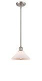 516-1S-SN-G131 Stem Hung 8.375" Brushed Satin Nickel Mini Pendant - Matte White Orwell Glass - LED Bulb - Dimmensions: 8.375 x 8.375 x 8<br>Minimum Height : 15.75<br>Maximum Height : 39.75 - Sloped Ceiling Compatible: Yes