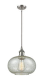 516-1S-SN-G249 Stem Hung 9.5" Brushed Satin Nickel Mini Pendant - Mica Gorham Glass - LED Bulb - Dimmensions: 9.5 x 9.5 x 11<br>Minimum Height : 18.75<br>Maximum Height : 42.75 - Sloped Ceiling Compatible: Yes