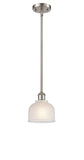 516-1S-SN-G411 Stem Hung 5.5" Brushed Satin Nickel Mini Pendant - White Dayton Glass - LED Bulb - Dimmensions: 5.5 x 5.5 x 8.5<br>Minimum Height : 17.75<br>Maximum Height : 41.75 - Sloped Ceiling Compatible: Yes