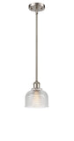 516-1S-SN-G412 Stem Hung 5.5" Brushed Satin Nickel Mini Pendant - Clear Dayton Glass - LED Bulb - Dimmensions: 5.5 x 5.5 x 8.5<br>Minimum Height : 17.75<br>Maximum Height : 41.75 - Sloped Ceiling Compatible: Yes