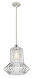 516-1S-WPC-G212 Stem Hung 12" White and Polished Chrome Mini Pendant - Clear Spiral Fluted Springwater Glass - LED Bulb - Dimmensions: 12 x 12 x 14<br>Minimum Height : 23.75<br>Maximum Height : 47.75 - Sloped Ceiling Compatible: Yes