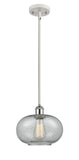 516-1S-WPC-G247 Stem Hung 9.5" White and Polished Chrome Mini Pendant - Charcoal Gorham Glass - LED Bulb - Dimmensions: 9.5 x 9.5 x 11<br>Minimum Height : 18.75<br>Maximum Height : 42.75 - Sloped Ceiling Compatible: Yes