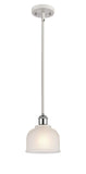 516-1S-WPC-G411 Stem Hung 5.5" White and Polished Chrome Mini Pendant - White Dayton Glass - LED Bulb - Dimmensions: 5.5 x 5.5 x 8.5<br>Minimum Height : 17.75<br>Maximum Height : 41.75 - Sloped Ceiling Compatible: Yes