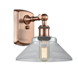 516-1W-AC-G132 1-Light 8.375" Antique Copper Sconce - Clear Orwell Glass - LED Bulb - Dimmensions: 8.375 x 10 x 10 - Glass Up or Down: Yes