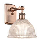 516-1W-AC-G422 1-Light 8" Antique Copper Sconce - Clear Arietta Glass - LED Bulb - Dimmensions: 8 x 9.5 x 10 - Glass Up or Down: Yes