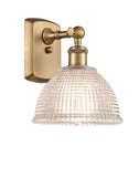 516-1W-BB-G422 1-Light 8" Brushed Brass Sconce - Clear Arietta Glass - LED Bulb - Dimmensions: 8 x 9.5 x 10 - Glass Up or Down: Yes