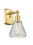 516-1W-SG-G275 1-Light 6" Satin Gold Sconce - Clear Crackle Conesus Glass - LED Bulb - Dimmensions: 6 x 7 x 12 - Glass Up or Down: Yes