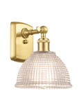 516-1W-SG-G422 1-Light 8" Satin Gold Sconce - Clear Arietta Glass - LED Bulb - Dimmensions: 8 x 9.5 x 10 - Glass Up or Down: Yes