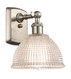 516-1W-SN-G422 1-Light 8" Brushed Satin Nickel Sconce - Clear Arietta Glass - LED Bulb - Dimmensions: 8 x 9.5 x 10 - Glass Up or Down: Yes