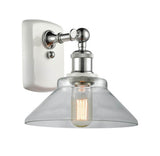 516-1W-WPC-G132 1-Light 8.375" White and Polished Chrome Sconce - Clear Orwell Glass - LED Bulb - Dimmensions: 8.375 x 10 x 10 - Glass Up or Down: Yes