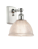 516-1W-WPC-G422 1-Light 8" White and Polished Chrome Sconce - Clear Arietta Glass - LED Bulb - Dimmensions: 8 x 9.5 x 10 - Glass Up or Down: Yes