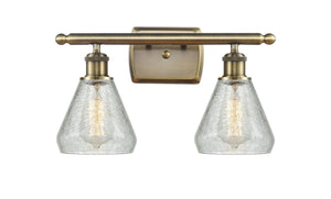 2-Light 16" Antique Brass Bath Vanity Light - Clear Crackle Conesus Glass LED