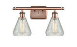 516-2W-AC-G275 2-Light 16" Antique Copper Bath Vanity Light - Clear Crackle Conesus Glass - LED Bulb - Dimmensions: 16 x 7 x 12 - Glass Up or Down: Yes