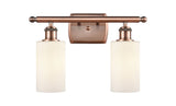 516-2W-AC-G801 2-Light 16" Antique Copper Bath Vanity Light - Matte White Clymer Glass - LED Bulb - Dimmensions: 16 x 6 x 12 - Glass Up or Down: Yes