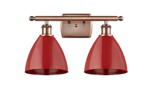 516-2W-AC-MBD-75-RD 2-Light 17.5" Antique Copper Bath Vanity Light - Red Plymouth Dome Shade - LED Bulb - Dimmensions: 17.5 x 7.875 x 10.75 - Glass Up or Down: Yes