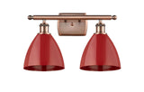 516-2W-AC-MBD-75-RD 2-Light 17.5" Antique Copper Bath Vanity Light - Red Plymouth Dome Shade - LED Bulb - Dimmensions: 17.5 x 7.875 x 10.75 - Glass Up or Down: Yes