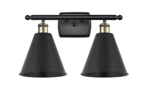 2-Light 18" Black Antique Brass Bath Vanity Light - Matte Black Ballston Cone Metal Shade - LED Bulbs