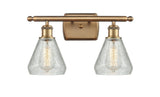 516-2W-BB-G275 2-Light 16" Brushed Brass Bath Vanity Light - Clear Crackle Conesus Glass - LED Bulb - Dimmensions: 16 x 7 x 12 - Glass Up or Down: Yes