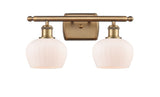 516-2W-BB-G91 2-Light 16" Brushed Brass Bath Vanity Light - Matte White Fenton Glass - LED Bulb - Dimmensions: 16 x 8 x 10.5 - Glass Up or Down: Yes