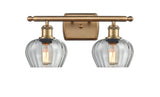 516-2W-BB-G92 2-Light 16" Brushed Brass Bath Vanity Light - Clear Fenton Glass - LED Bulb - Dimmensions: 16 x 8 x 10.5 - Glass Up or Down: Yes