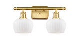 516-2W-SG-G91 2-Light 16" Satin Gold Bath Vanity Light - Matte White Fenton Glass - LED Bulb - Dimmensions: 16 x 8 x 10.5 - Glass Up or Down: Yes