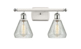 516-2W-WPC-G275 2-Light 16" White and Polished Chrome Bath Vanity Light - Clear Crackle Conesus Glass - LED Bulb - Dimmensions: 16 x 7 x 12 - Glass Up or Down: Yes