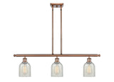 516-3I-AC-G2511 3-Light 36" Antique Copper Island Light - Mouchette Caledonia Glass - LED Bulb - Dimmensions: 36 x 5 x 10<br>Minimum Height : 19.375<br>Maximum Height : 43.375 - Sloped Ceiling Compatible: Yes
