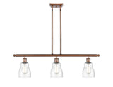 516-3I-AC-G394 3-Light 36" Antique Copper Island Light - Seedy Ellery Glass - LED Bulb - Dimmensions: 36 x 5 x 10<br>Minimum Height : 19.375<br>Maximum Height : 43.375 - Sloped Ceiling Compatible: Yes