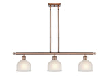 516-3I-AC-G411 3-Light 36" Antique Copper Island Light - White Dayton Glass - LED Bulb - Dimmensions: 36 x 5.5 x 9.5<br>Minimum Height : 19.375<br>Maximum Height : 43.375 - Sloped Ceiling Compatible: Yes