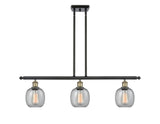 516-3I-BAB-G104 3-Light 36" Black Antique Brass Island Light - Seedy Belfast Glass - LED Bulb - Dimmensions: 36 x 6 x 10<br>Minimum Height : 19.375<br>Maximum Height : 43.375 - Sloped Ceiling Compatible: Yes